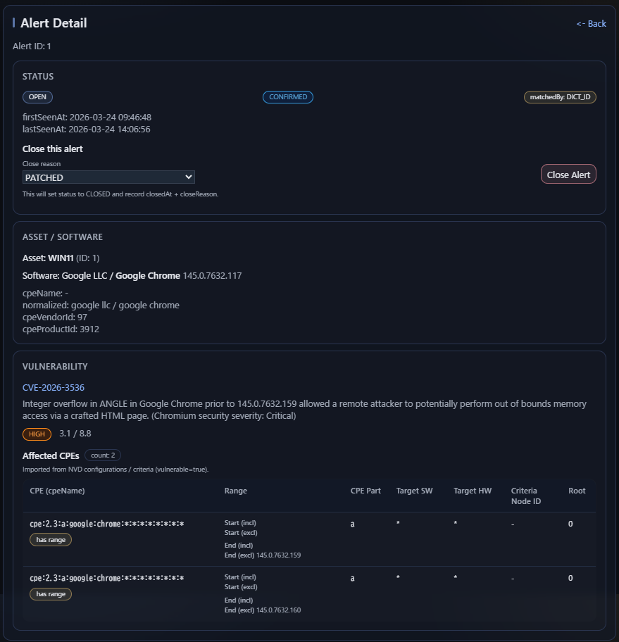 AVM の matching の運用結果を示す Alert detail 画面